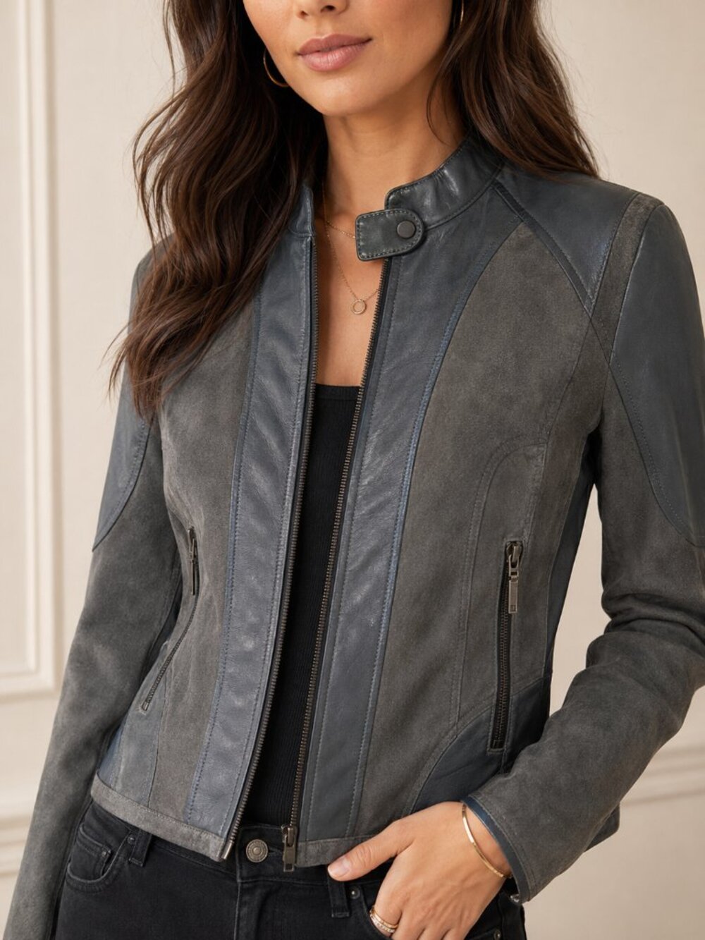 Bernardo Genuine Leather Moto Jacket Small Blue Gray Suede Paneled Zip Front